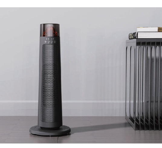 PTC ceramic fan heater, featuring the top section showcases the flickering flame, creating a fireplace-like experience