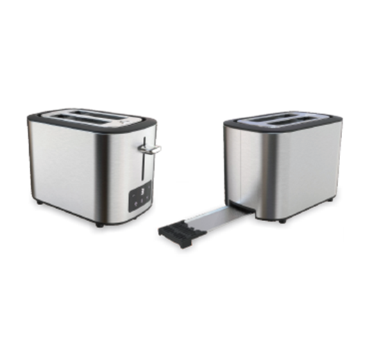 Stainless Steel Toaster has the touch panel control and a slide-out crumb tray